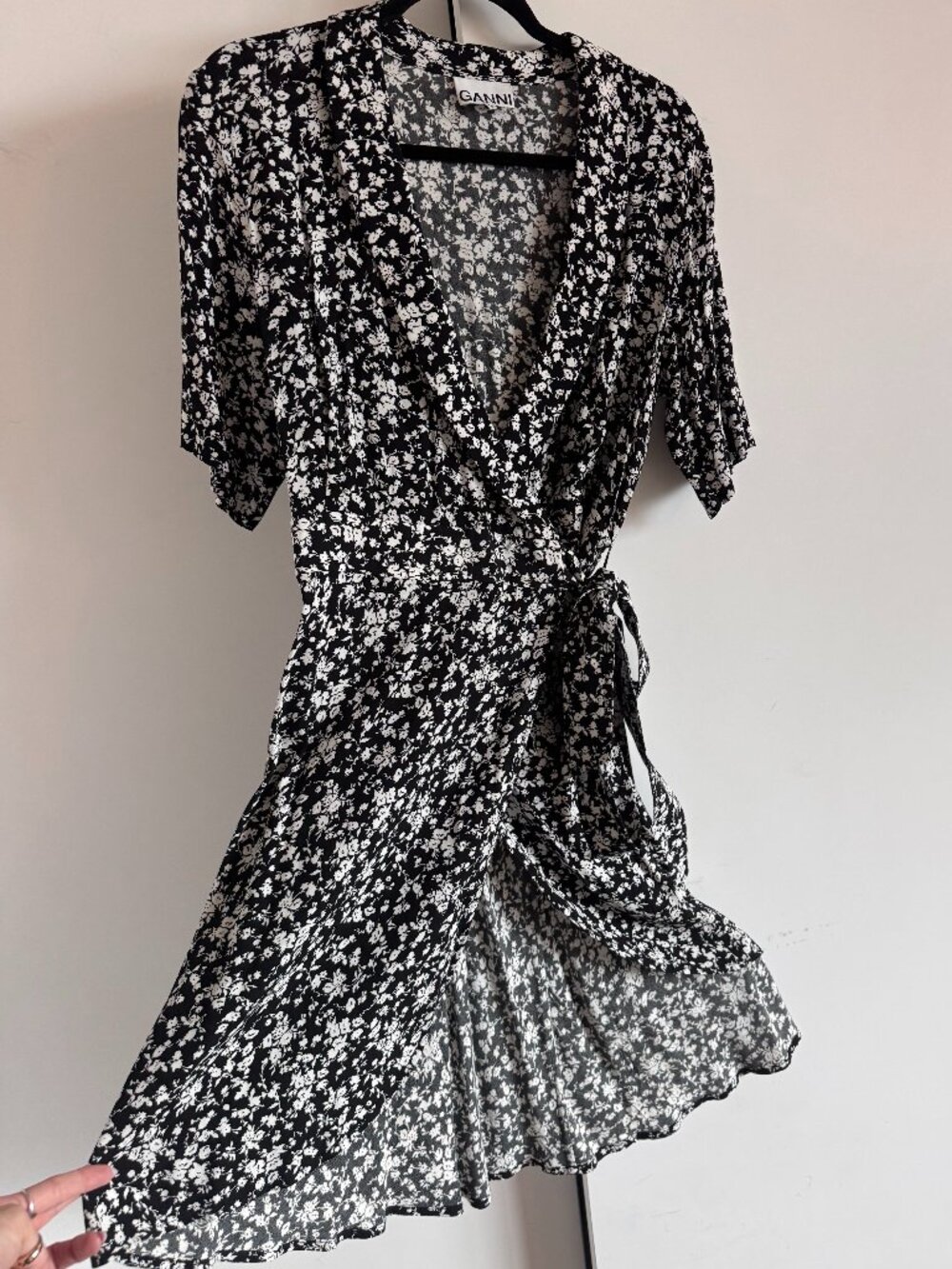 GANNI NWOT Wrap Dress - Crepe, Floral Print, Black and White - Sz 42
